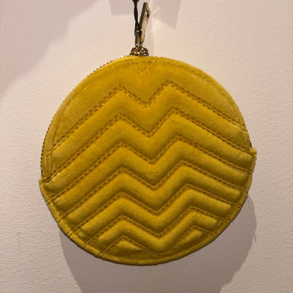 NWT Yellow Maje Round Quilted Velvet Coin Purse Solveig zig zag design